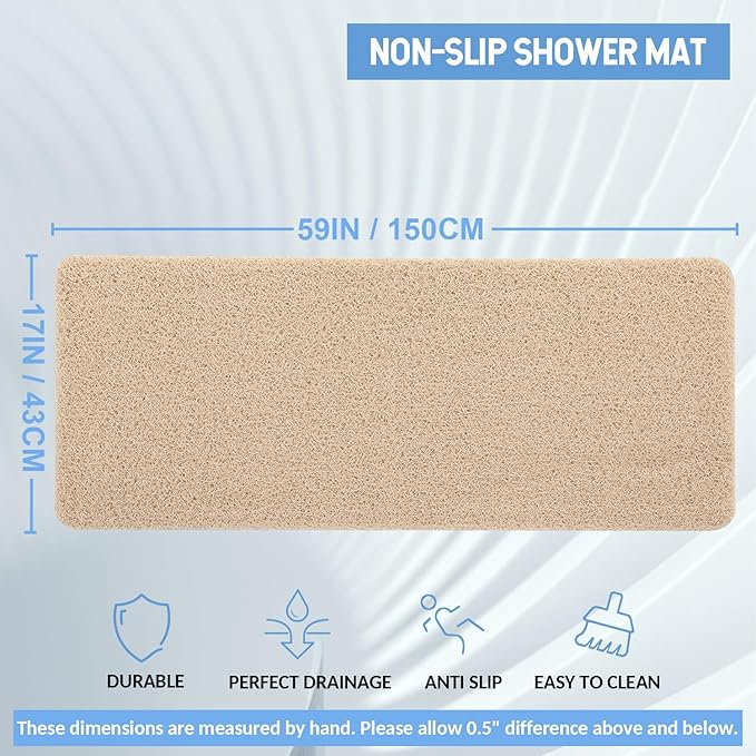 Non-Slip Bathtub Mat, 2 Pack Anti Slip Shower Mat, Fast Drying Bathtub Mats, Foot Scrubber Mat, Anti Slip Mat for Tub, Floor, Bathroom, Kitchen, Home, Hotel (Beige 59"×17.3")