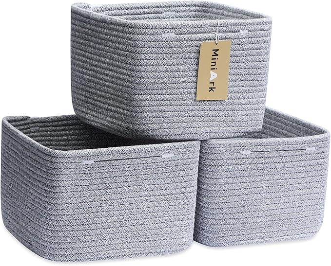 Small Organizing Baskets for Cubes Shelf, 9.7x9.7x7.1 Inch Rope Woven Storage Bins for Nursery Shelves Storage, Cute Toy Basket, Square 3 Packs Mixed Grey