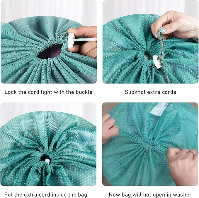 Polecasa Heavy Duty Diamond Large Mesh Laundry Bag with ID Tag and Locking Drawstring Closure - 24 x 36 inches - Laundry Hamper Liner, Washable Laundry Bags for Travel, Sports, Dorms (Aqua)