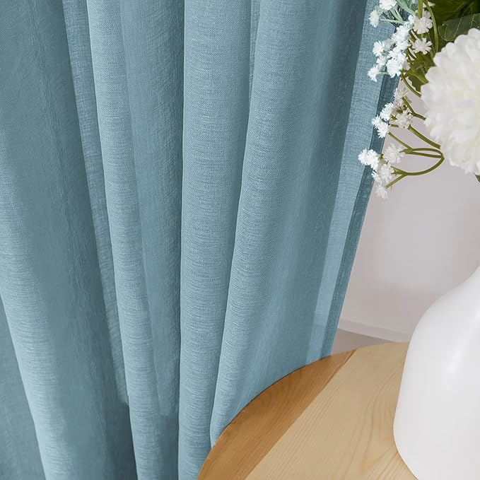 Tollpiz Short Sheer Curtain Living Room Linen Textured Curtains Sheer Light Filtering Voile Rod Pocket Curtain for Bedroom, 38 x 54 inches Long, Dusty Blue, Set of 2 Panels