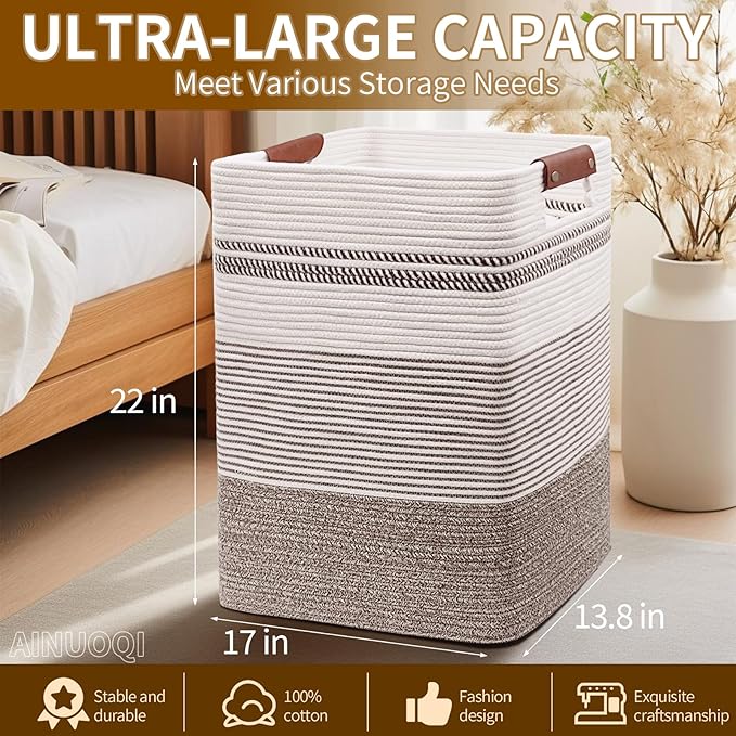 Laundry Hamper - Tall Woven Rope Laundry Basket - Clothes hamper with Leather Handles, 17.8" X 13.8" X 22", Blanket Storage Basket for Living Room, Rice Brown & White