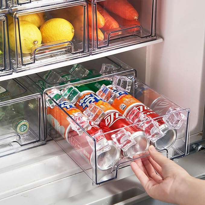 PeJeyiee 2 Pack Clear Stackable Refrigerator Organizers and Storage Drawers - Pull-Out Fridge Bins with Anti-Slip Base & Easy Clean, Plastic Organizers for Kitchen Pantry Cabinet Closet (Large)