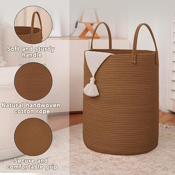 Large Woven Laundry Basket Hamper,60L Cotton Rope Storage Bin for Blankets,Toys and Clothes,Decorative Tall Nursery Hamper for Living Room,Baby Nursery,Bathroom and Bedroom,Golden Jute