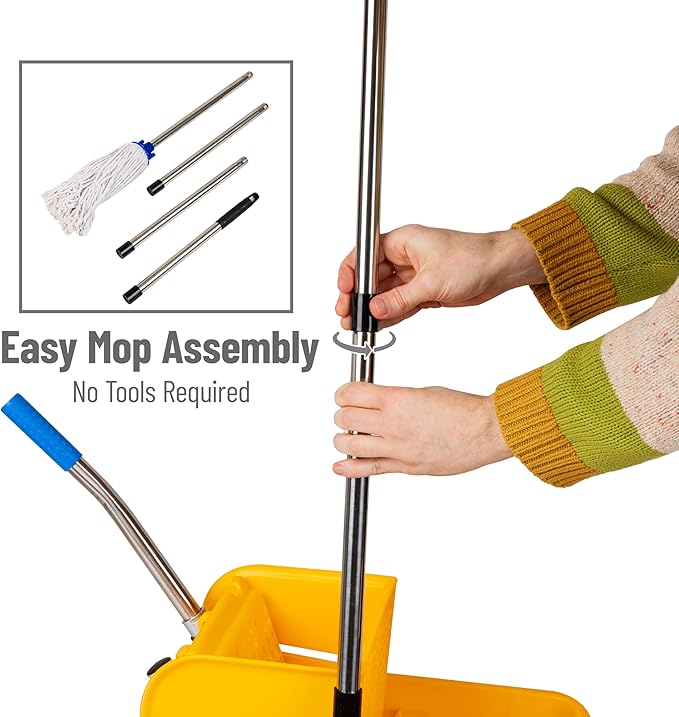 Mind Reader Bucket with Wringer and Mop Set, 22 Qt (5.5 Gallon), Floor Cleaning, Wheels, 16.25" L x 10.75" W x 24.5" H, Yellow