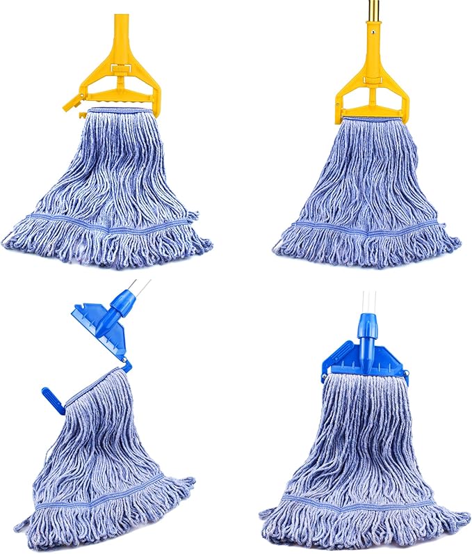 String Mop Heads Replacement Heavy Duty Commercial Grade Blue Cotton Looped End Wet Industrial Cleaning Mop Head Refills (2, Large)