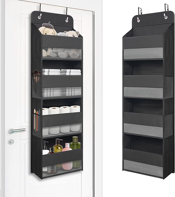 Over The Door Hanging Organizer with 4 Large Pockets – Closet, Bathroom, Nursery, Bedroom, Dorm Storage for Toys, Cosmetics, and Baby Essentials, Black