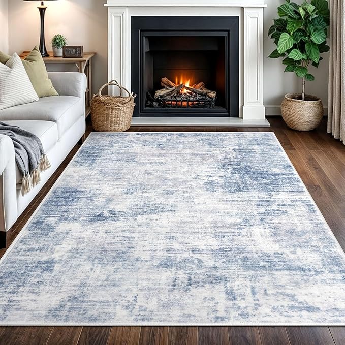 IOHOUZE Abstract Area Rugs 5x7 Ft Washable Rugs for Living Room, Non Slip Dining Room Rug, Printed Faux Wool Rugs for Bedroom, Floor Carpet for Office Nursery Playroom, Light Blue White