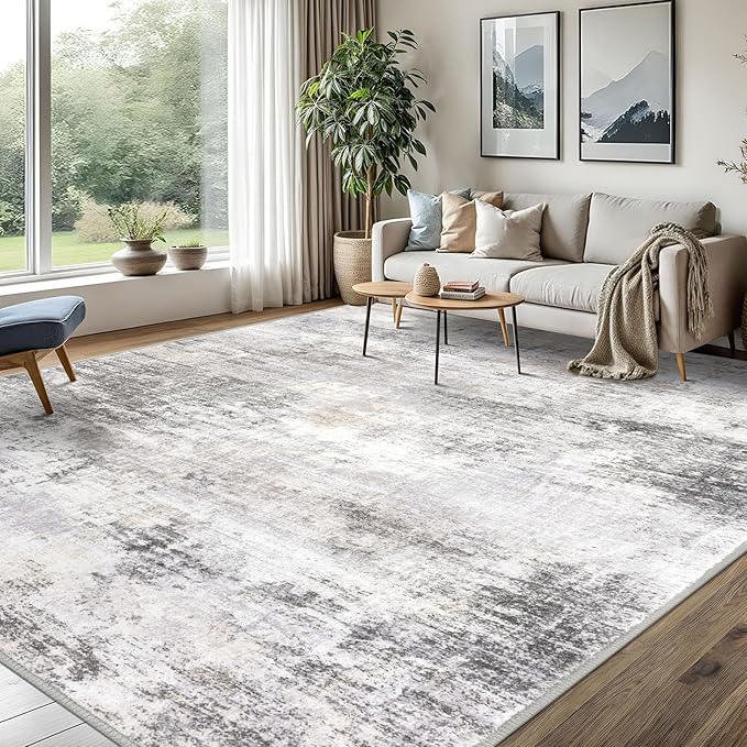 IOHOUZE Abstract Area Rugs 8x10 Ft Washable Large Rugs for Living Room, Non Slip Dining Room Rug, Printed Faux Wool Rugs for Bedroom, Floor Carpet for Office Nursery Playroom, Grey Beige