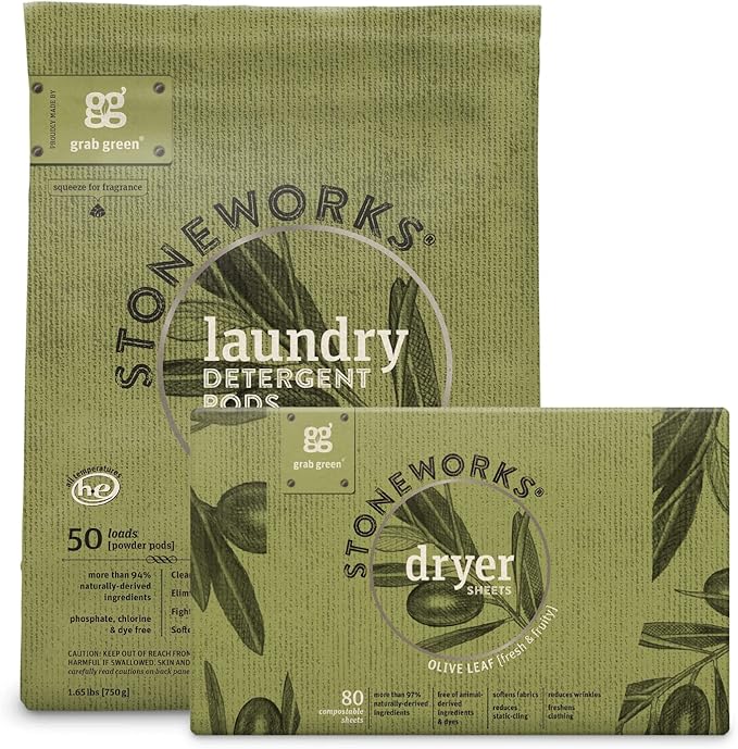 Grab Green Stoneworks Laundry Detergent Pods and Dryer Sheet Bundle, 50 Count Pods and 80 Dryer Sheets, Olive Leaf Scent, Plant and Mineral Based Laundry Care Set