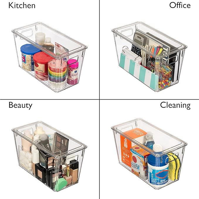 ClearSpace Modern Plastic Storage Bins with Lids – Perfect Kitchen Organization or Pantry Fridge Organizer, 4 Pack, 12.5" x 6" x 7", 9L Capacity Each, BPA Free, Stackable