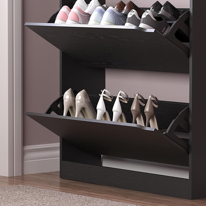 Shoe Cabinet with 3 Flip Drawers & Coat Rack, Narrow Hidden Shoe Storage Cabinet, 2-in-1 Hall Tree Slim Freestanding Shoe Rack Organizer for Entryway, Hallway, and Living Room