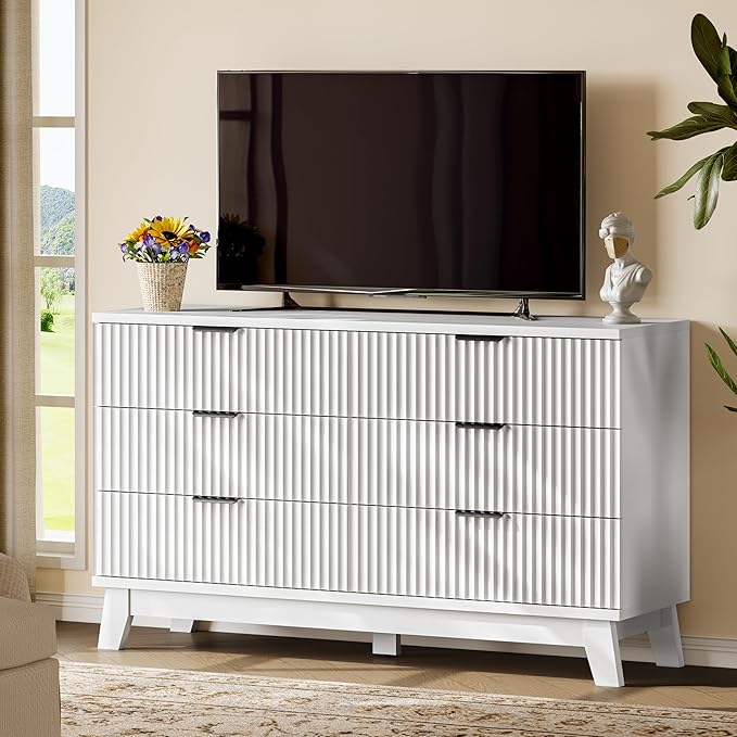 Fluted Dresser with 6 Drawers, 54" Wide Modern Chest of Drawers with Metal Handle, Wooden Dresser TV Stand, Wood Closet Clothes Storage Organizer for Bedroom, Living Room, Hallway, Solid White