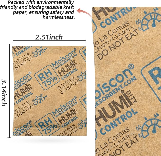 75% RH 8 Gram 60 Pack Two-Way Humidity Control Packs for Storing Up to 5 Items, Size 8 Moisture Control Packets Individually Wrapped for Small Non-Plastic Travel Cases