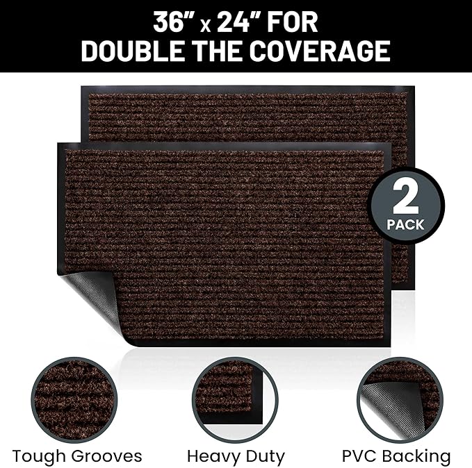 Sierra Concepts 2-Pack Front Door Mat - Large 36 x 24 Welcome Indoor Outdoor Entryway Mats for Shoe Scraper, Ideal for Inside Outside High Traffic Area, Dark Brown