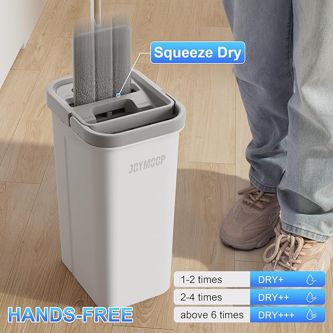 JOYMOOP White Flat Mop & Bucket with 1 Microfiber Pad, 12 Disposable Toilet Brushes, Stainless Steel Toilet Brush and Holder Set, Multi-Functional Cleaner for Floors, Windows, and Toilets