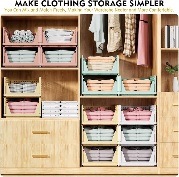 SNSLXH 5 Pack Stackable Closet Storage Basket, Multifunctional & Foldable Closet Organizer for Bathroom Kitchen Laundry Room Wardrobe Storage, Space-Saving Clothes Storage Drawer Organizer, White
