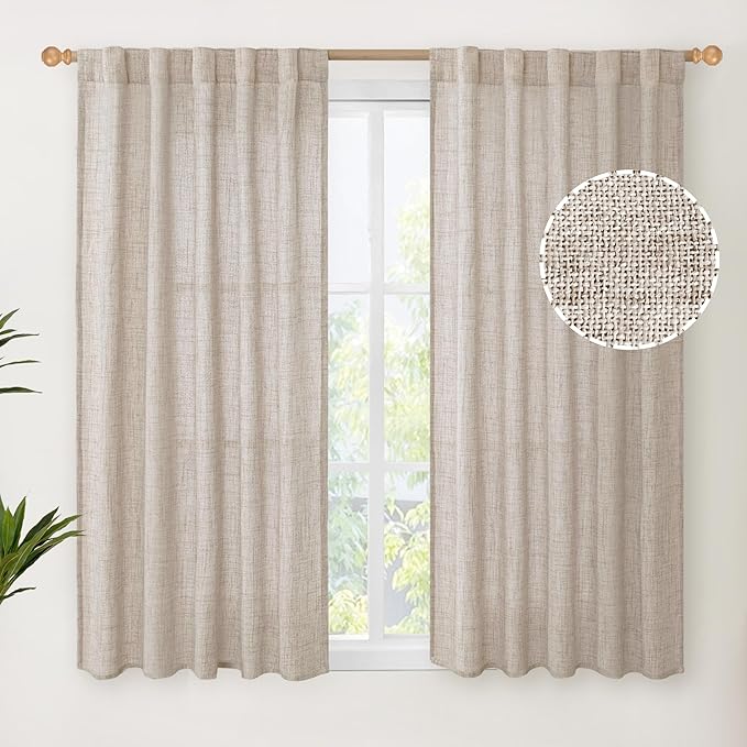 YoungsTex Short Linen Curtains 45 Inch Length for Cafe Window, Natural Light Filtering Drapes with Rod Pocket Back Tab Semi Sheer for Kitchen Window, 2 Panels, 42 X 45 Inch