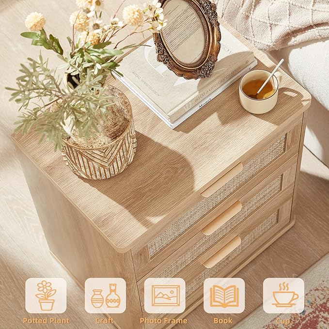 LEYAOYAO Rattan Night Stand with Drawers, 23" Large 3 Drawer Boho Nightstand, Natural Wood Bedside Table Storage Cabinet, Bed Side End Tables Dresser for Bedroom, Living Room, Hallway, Closet