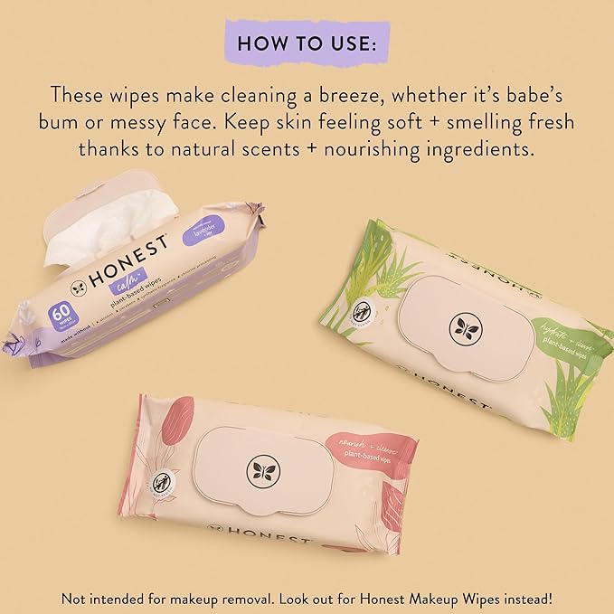The Honest Company Calm and Cleanse Naturally Scented Wipes Cleansing Multi-Tasking Wipes 99% Water Plant Based Hypoallergenic Lavender 240 Count