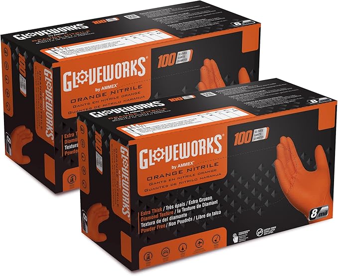 GLOVEWORKS Heavy-Duty Nitrile Gloves, Disposable, Latex Free, 8 Mil, Orange, Diamond Grip Glove