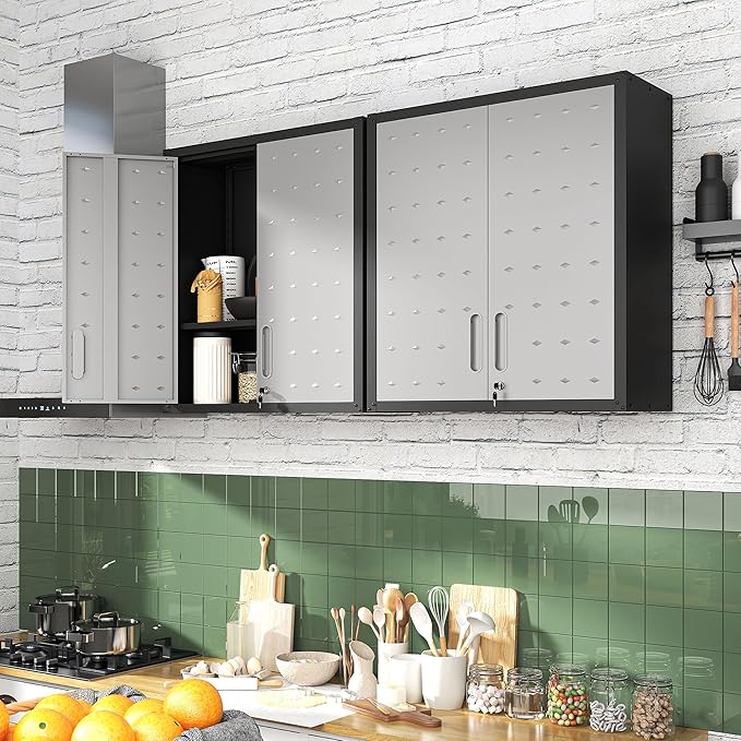 Garage Wall Mounted Storage Cabinet with Doors and Shelves, Lockable Metal Wall Cabinet, Hanging Tool Cabinet for Garage Utility Room (Black & Grey)