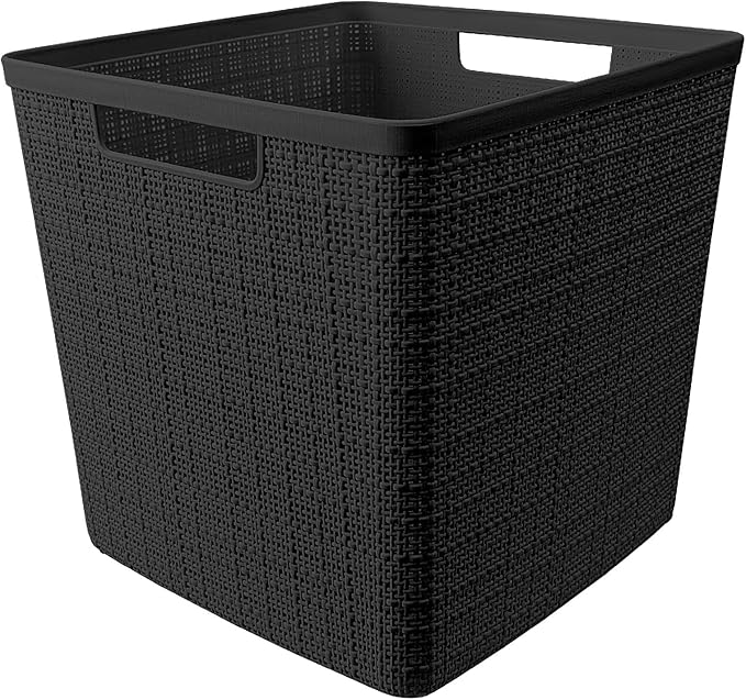 Curver Set of 4 Jute Large Cube Decorative Plastic Organization and Storage Baskets, Perfect Bins for Home Office, Closet Shelves, Kitchen Pantry and All Bedroom Essentials, Black