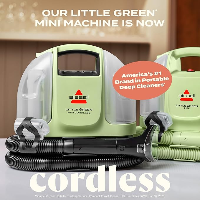 BISSELL Little Green Mini Cordless Portable Carpet and Upholstery Deep Cleaner, Car/Auto Detailer, with HydroRinse Self-Cleaning Tool and 4" Tough Stain Tool, 4015