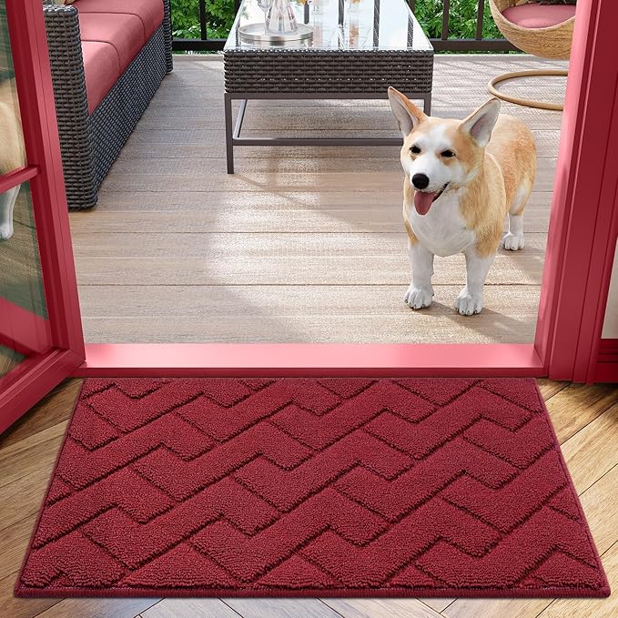 hicorfe Front Door Mat Outside Entrance,20"x31.5" Absorbent Muddy Dirt Resist Welcome Door Mats Outdoor Indoor,Stain and Fade Resistant,Non Slip Backing Entry Mat Doormat for Entryway(Red)