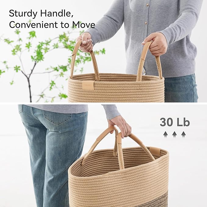 62L Striped Laundry Hamper with Leather Handles,Large Foldable Laundry Basket for Clothes,Cotton Rope Storage Bin for Blankets,Woven Clothes Basket for Bedroom,Dark Brown Stripes