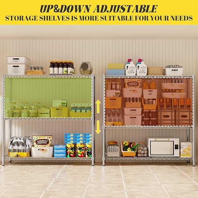 Storage Shelves, 48" L x 20" W x 47" H Heavy Duty Garage Wire Shelving Unit Loads 1200LBS, 3-Tier Adjustable Metal Industrial Utility Shelf Rack for Kitchen, Laundry Room, Basement