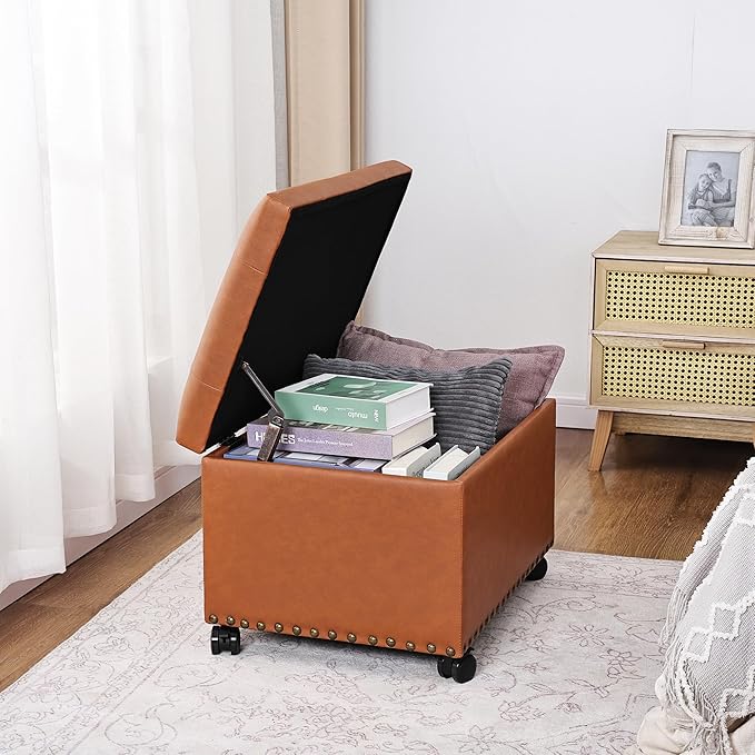 24" Square Ottomans with Storage, Leather Ottoman with Storage with Lockable Wheels and Hight Loading, Foot Stool Ottoman with Wheels for Makeup Room, Dorms and Apartments (Orange Brown)
