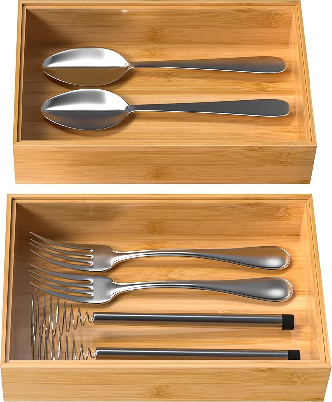 Silverware Tray for Drawer, Stackable Kitchen Bamboo Drawer Organizer 9" x 6" x 2" Set of 2