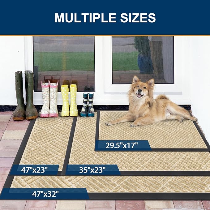 Smiry Front Door Mat Outside Entrance, Heavy Duty Outdoor Indoor Natural Rubber Doormat, Non Slip, Trap Dirt and Moisture, Easy Clean, Low Profile Patio Porch Entryway Mat, 59x35, Beige