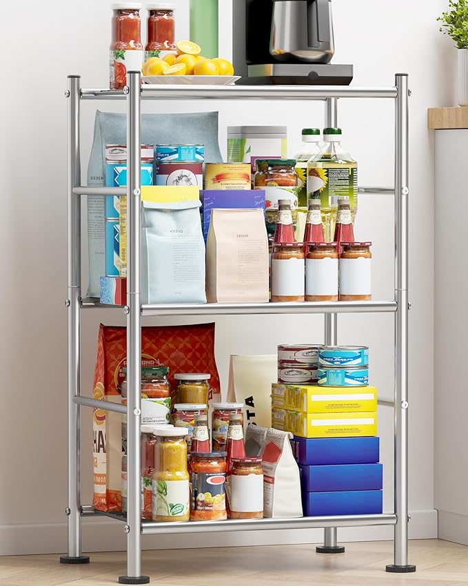 Storage Shelves - 3 Tier Shelf Organizer, Sturdy Metal Shelving with Adjustable Leveling Feet, Space-Saving Shelves Organizer for Pantry, Laundry, Kitchen (18" x 12" x 30", Silver)