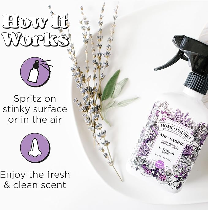 Home-Pourri Air + Fabric Multi-Purpose Odor Freshener Spray, 11 Fl Oz, Up to 570 Uses, Lavender Sage Scent, Room Deodorizer with Essential Oils, for Carpets, Couches, Bedding & Curtains