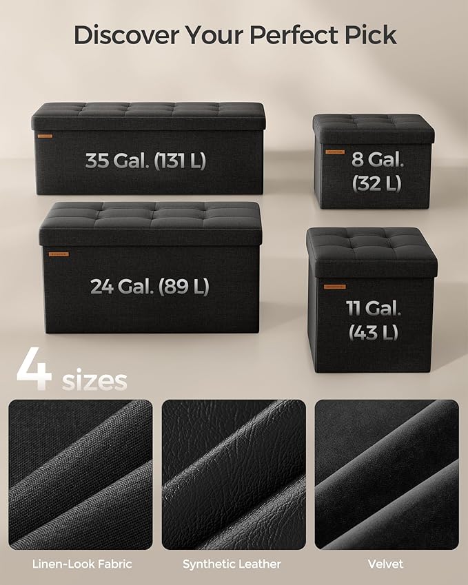 SONGMICS MAZIE Collection - 43 Inches Folding Storage Ottoman Bench, Ottoman Foot Rest, End of Bed Bench, Storage Chest, Load 660 lb, for Living Room, Bedroom, Entryway, Ink Black ULSF077B01