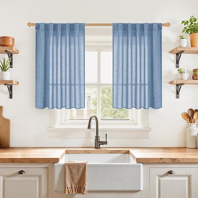 YoungsTex Denim Blue Linen Curtains 36 Inches Long for Bathroom Window, Small Drapes Light Filtering with Rod Pocket Back Tab Ocean Style for Kitchen Cafe Windows, 2 Panels, 42 X 36 Inch