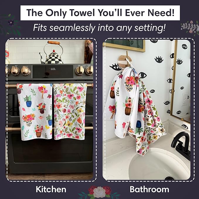 Microfiber Hand Towel & Washcloth Set of 2 - Double-Sided, Waffle Weave, Super Absorbent, Lint-Free, Fast Drying - Stars & Stripes Pattern for Bathroom, Kitchen, Car, and Window Cleaning