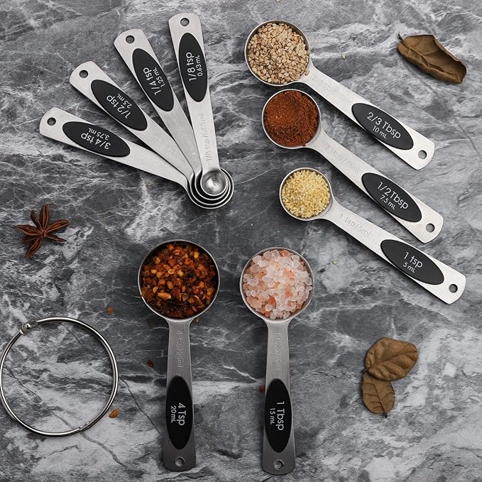 Magnetic Measuring Spoons Set of 9 Stainless Steel Stackable Measuring Spoons Heavy Duty Nesting Teaspoons Tablespoons for Measuring Dry and Liquid Ingredients
