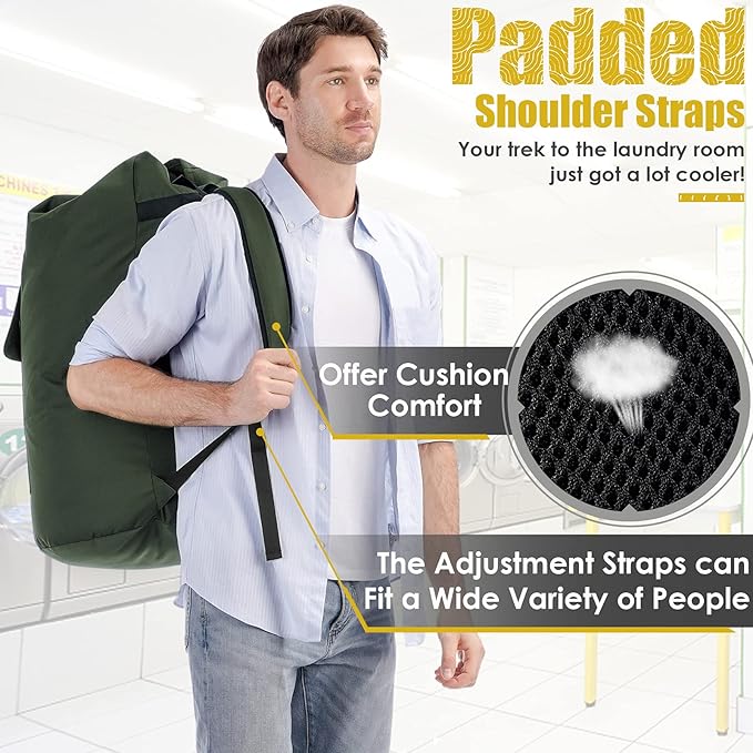 Laundry Bags Extra Large Heavy Duty, 115L Laundry Backpack, Sturdy Laundry Bag with Shoulder Straps, Army Green Laundry Bag for College, Top Loading Duffle Bag for Camp, Travel, Dorm, Apartment