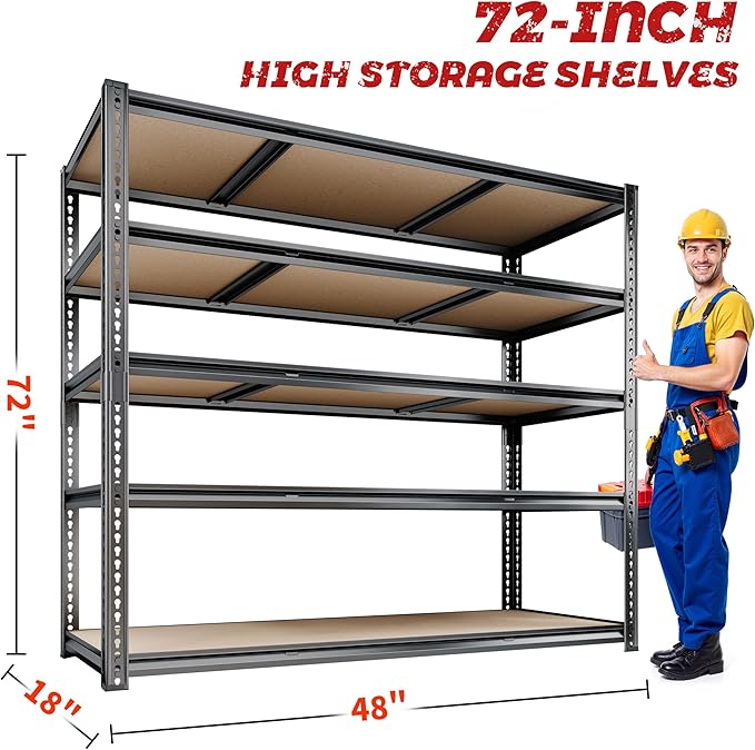 48"W Garage Shelving, 3050LBS Storage Shelves heavy duty, 5 Tier Metal Shelving Unit Adjustable Garage Shelves Heavy Duty Shelving for Warehouse,Commercial, Kitchen, 48" W × 18" D × 72" H, Black, 2PCS