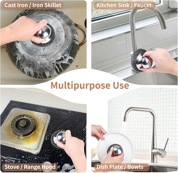 6Pcs Steel Wool Scrubber with Replacement Wire Pads Set, Stainless Steel Scrubber with Handle for Scouring Stubborn Messes from Cast Iron, Pots, Pans, Grill, Stoves, Sink(1 Scrubber+5 Pads)