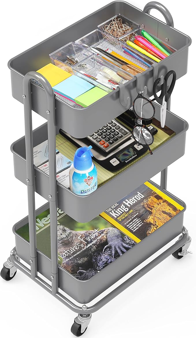 Simple Houseware 3-Tier Heavy Duty Metal Utility Rolling Cart, Silver