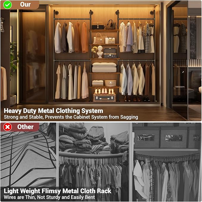 Aheaplus Industrial Pipe Clothing Rack, Reversible 6.42FT Clothes Rack for Hanging Clothes, Heavy Duty 5-Tier Closet Wardrobe Garment Racks with Shelves, Corner Closet Organizer System, Rustic Brown