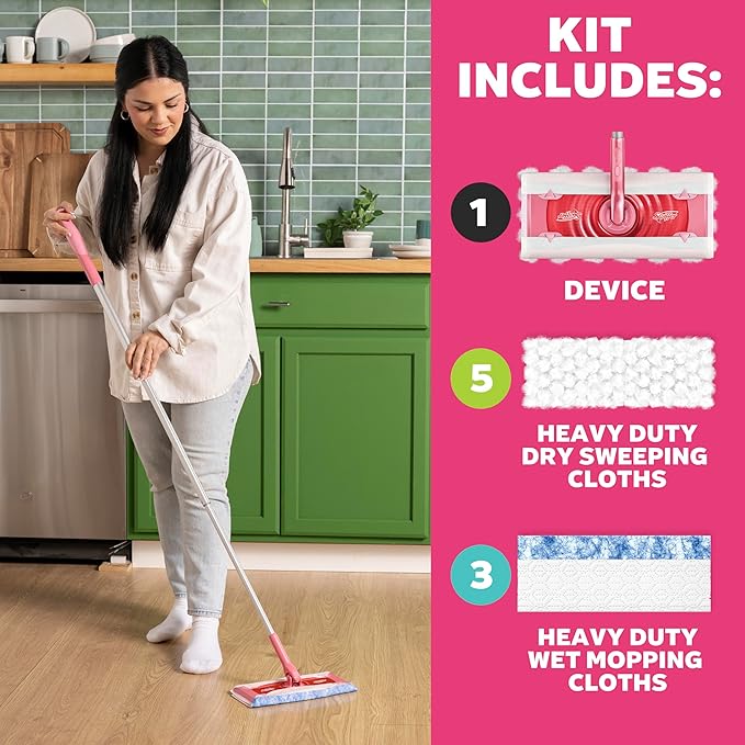 Swiffer Sweep and Mop Deluxe, Limited Edition Pink Wicked: for Good, 2-in-1 Floor Mopping and Sweeping Kit, 1 Sweeper Device, 5 Heavy Duty Dry Sweeping Cloths, 3 Heavy Duty Wet Mopping Cloths
