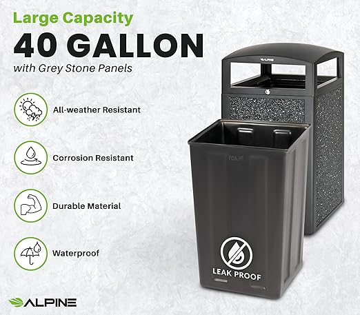 Alpine Outdoor Commercial Trash Can with Lid - 40 Gallon Heavy Duty Metal Garbage Can with Removable Bin, Locking Lid for a Modern Look in Park, Mall & High Traffic Areas - Black, Grey Stone Panels