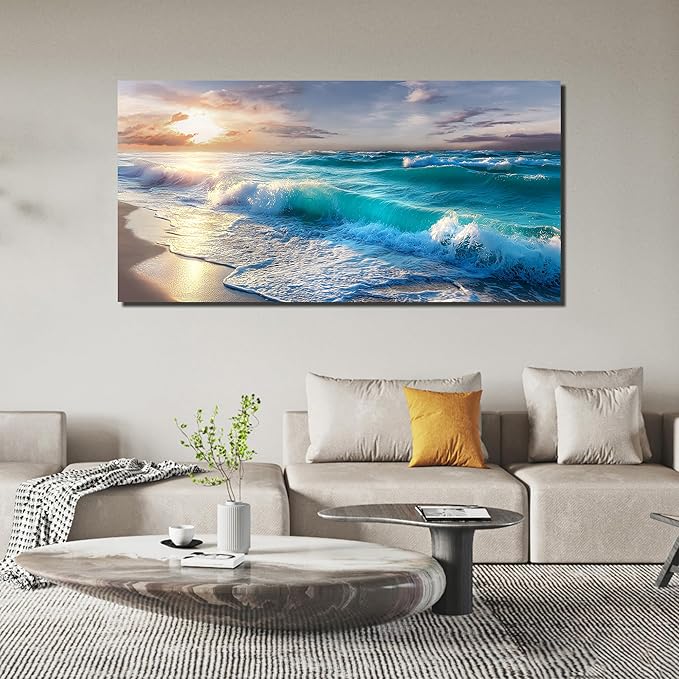 GUGIKA Ocean Wall Art for Living Room, Blue Wave and Large Coastal Beach Canvas Wall-Decor for Bedroom, Gold Sun Scenery Pictures for Hallway Office, Size 59 x 29 Inches