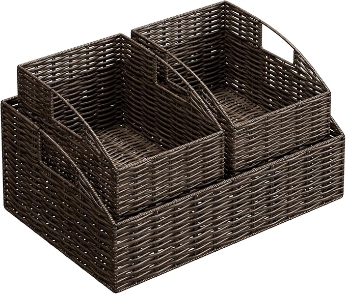 Ollieroo Rattan Storage Baskets, Handwoven Wicker Storage Bins with Built-in Handles, Storage Container Baskets for Shelves, Bedroom, Bathroom, Laundry Room or Kitchen(Brown)