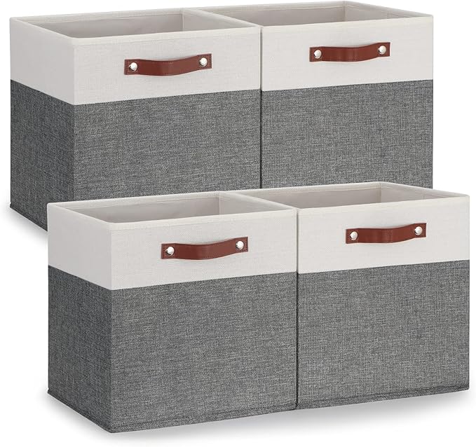 Temary 13x13 Storage Cubes 4 Pack Fabric Cube Storage Bins Large Storage Baskets with Leather Handles, Decorative Storage Boxes for Organizing Closet, Clothes, Foldable Cloth Baskets for Shelves
