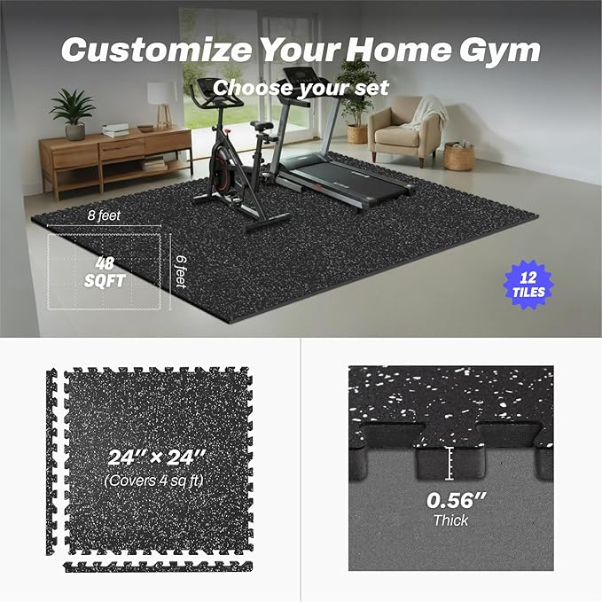 AIRHOP 0.56in Thick 48 Sq Ft Exercise Equipment Mats, 12 Tiles Upgraded Rubber Top with High Density EVA Foam, Large Interlocking Puzzle Gym Flooring for Home Gym, Heavy Weight Workout, 24 x 24in